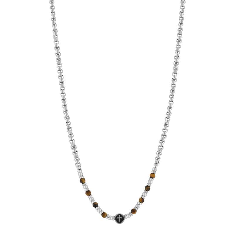 Collier acier motif croix oeil de tigre 50cm - vue 2