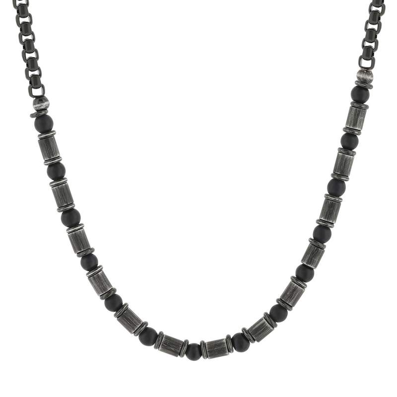Collier acier vieilli agates noires 51cm - vue 1