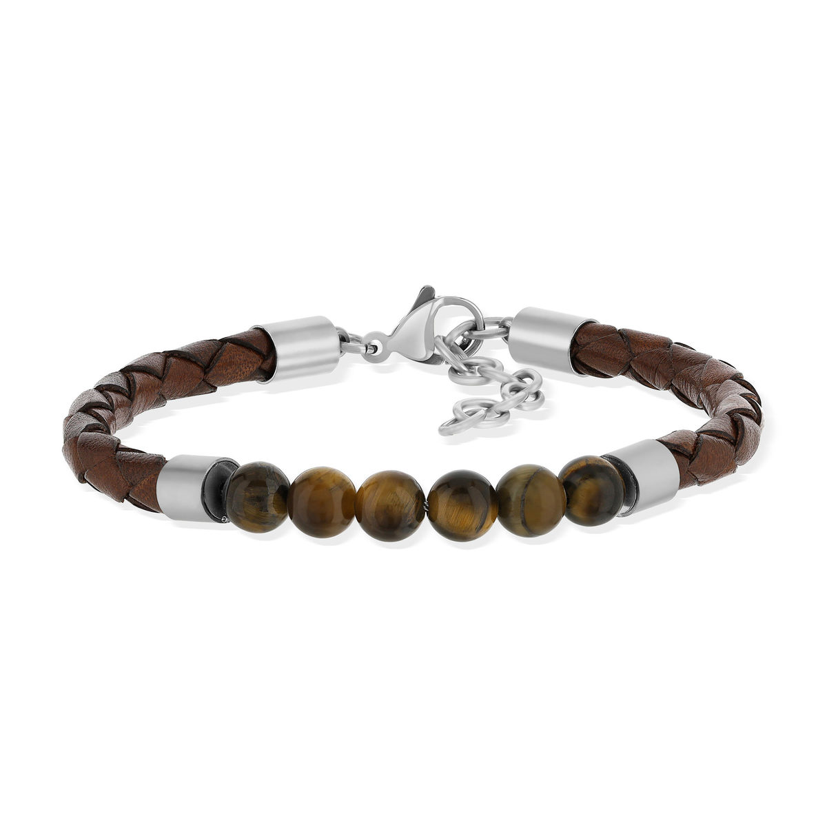 Bracelet cuir marron oeil de tigre et fermoir acier