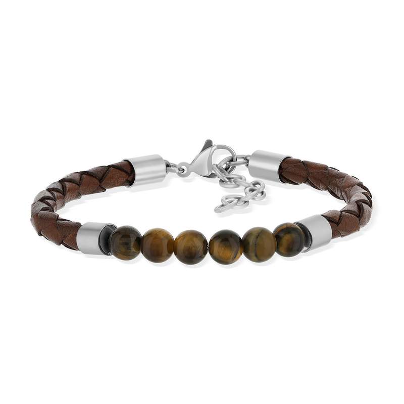Bracelet cuir marron oeil de tigre et fermoir acier - vue 1