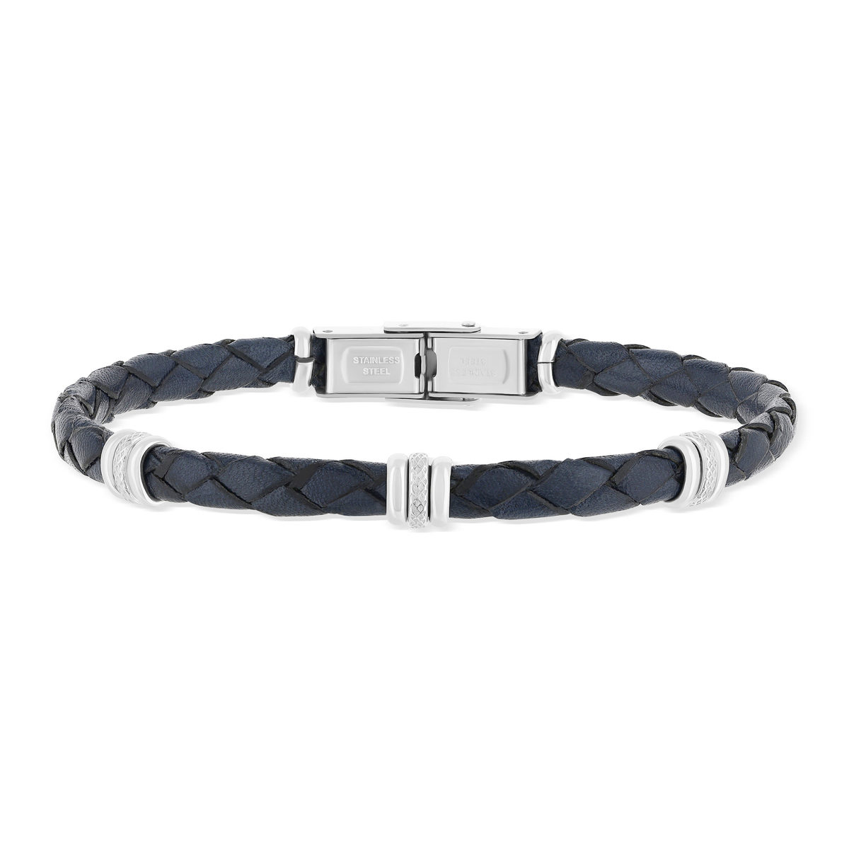 Bracelet cuir bleu marine et acier 21,5cm