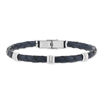 Bracelet cuir bleu marine et acier 21,5cm - vue 1