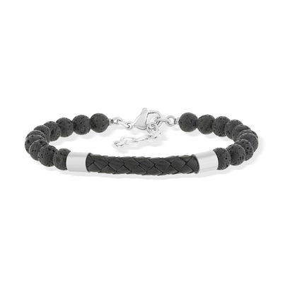 Bracelet cuir noir pierres de laves noires et fermoir acier 23,5cm - vue 1