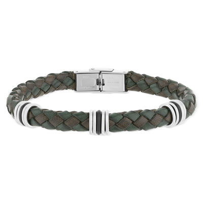 Bracelet cuir marron et vert et acier 20,5cm - vue 1