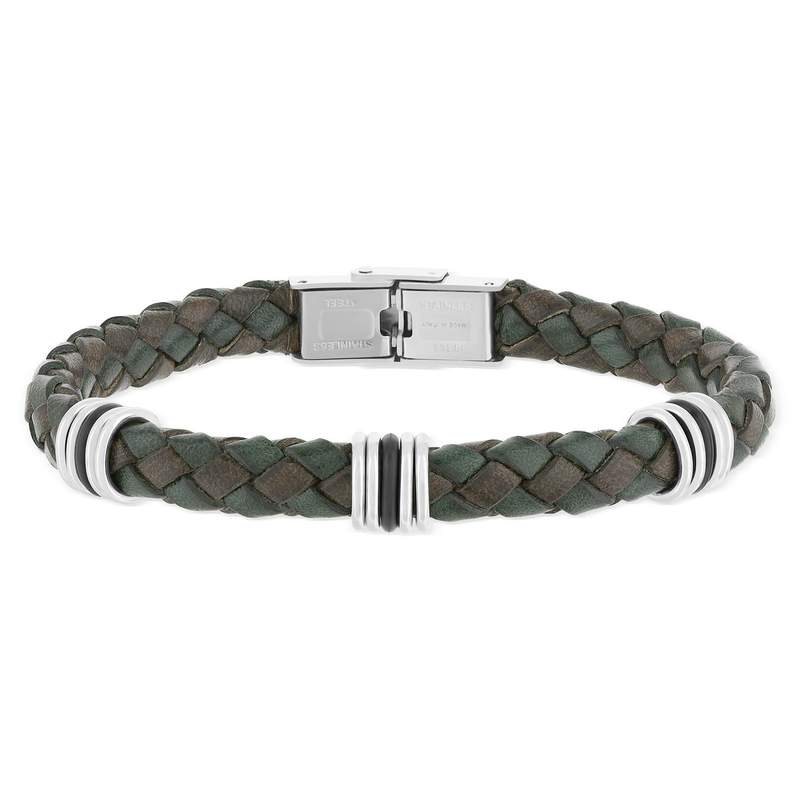 Bracelet cuir marron et vert et acier 20,5cm - vue 1