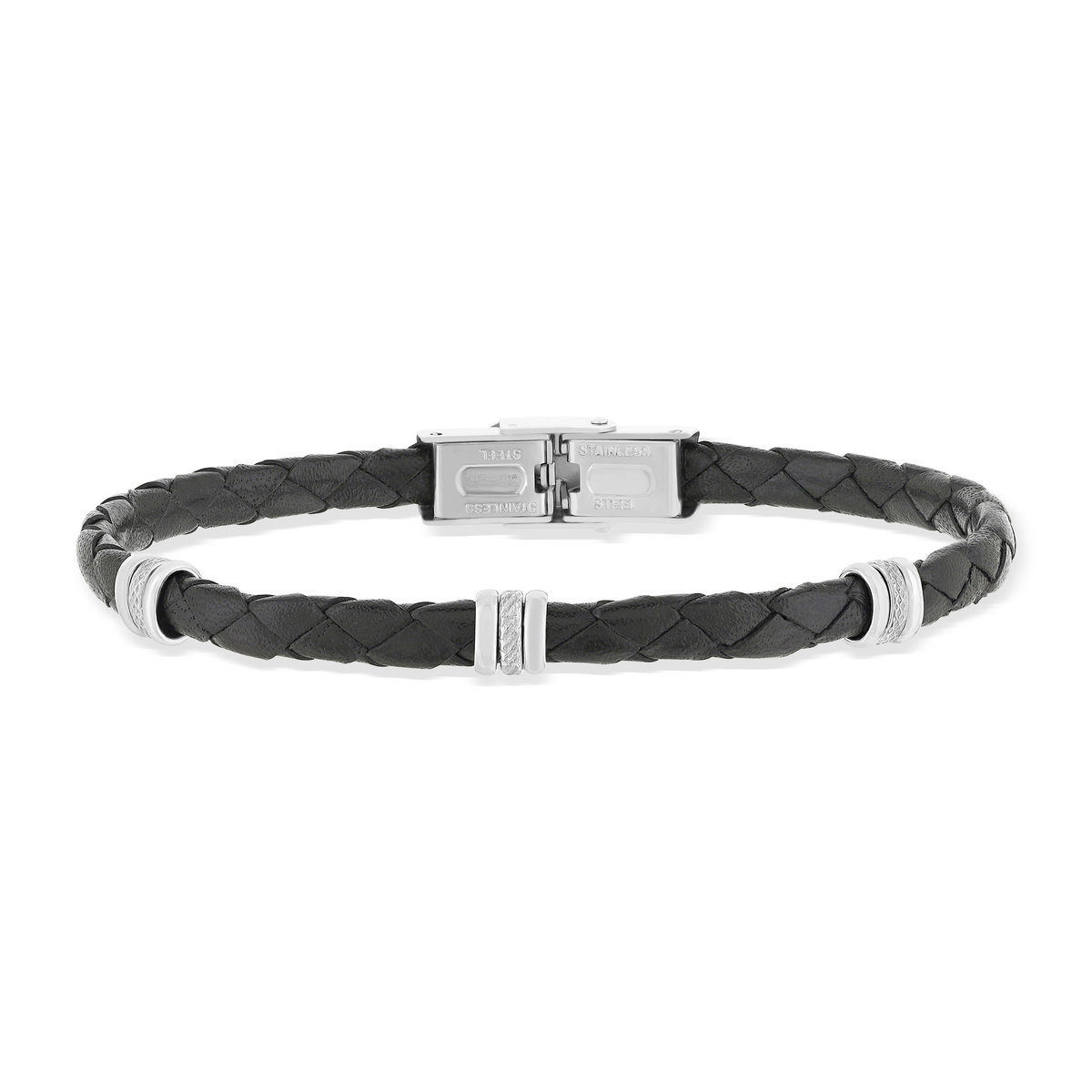 Bracelet cuir noir et acier 21,5cm