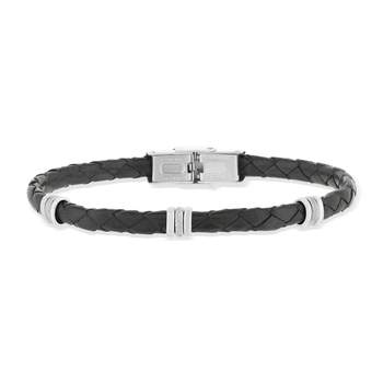 Zwart leer en stalen armband 21.5cm