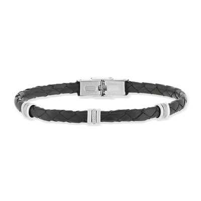 Bracelet cuir noir et acier 21,5cm - vue 1