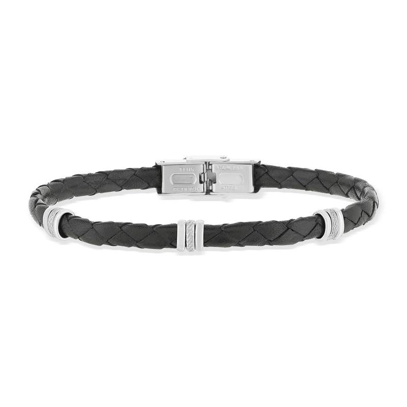 Bracelet cuir noir et acier 21,5cm - vue 1
