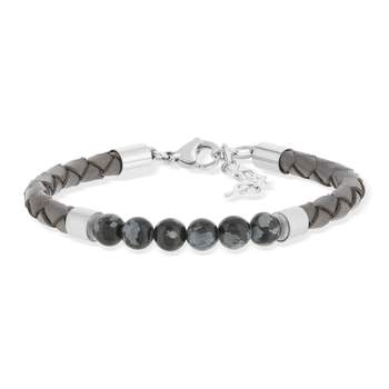Leather bracelet grey obsidian black steel clasp 23.5cm