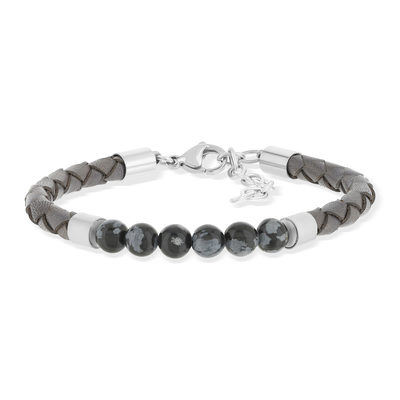 Bracelet cuir gris obsidiennes grises noires fermoir acier 23,5cm - vue 1