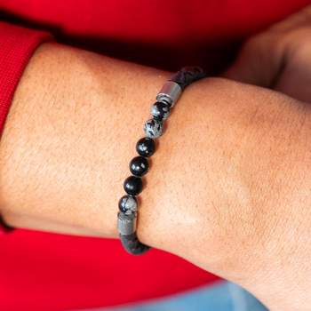 Leather bracelet grey obsidian black steel clasp 23.5cm