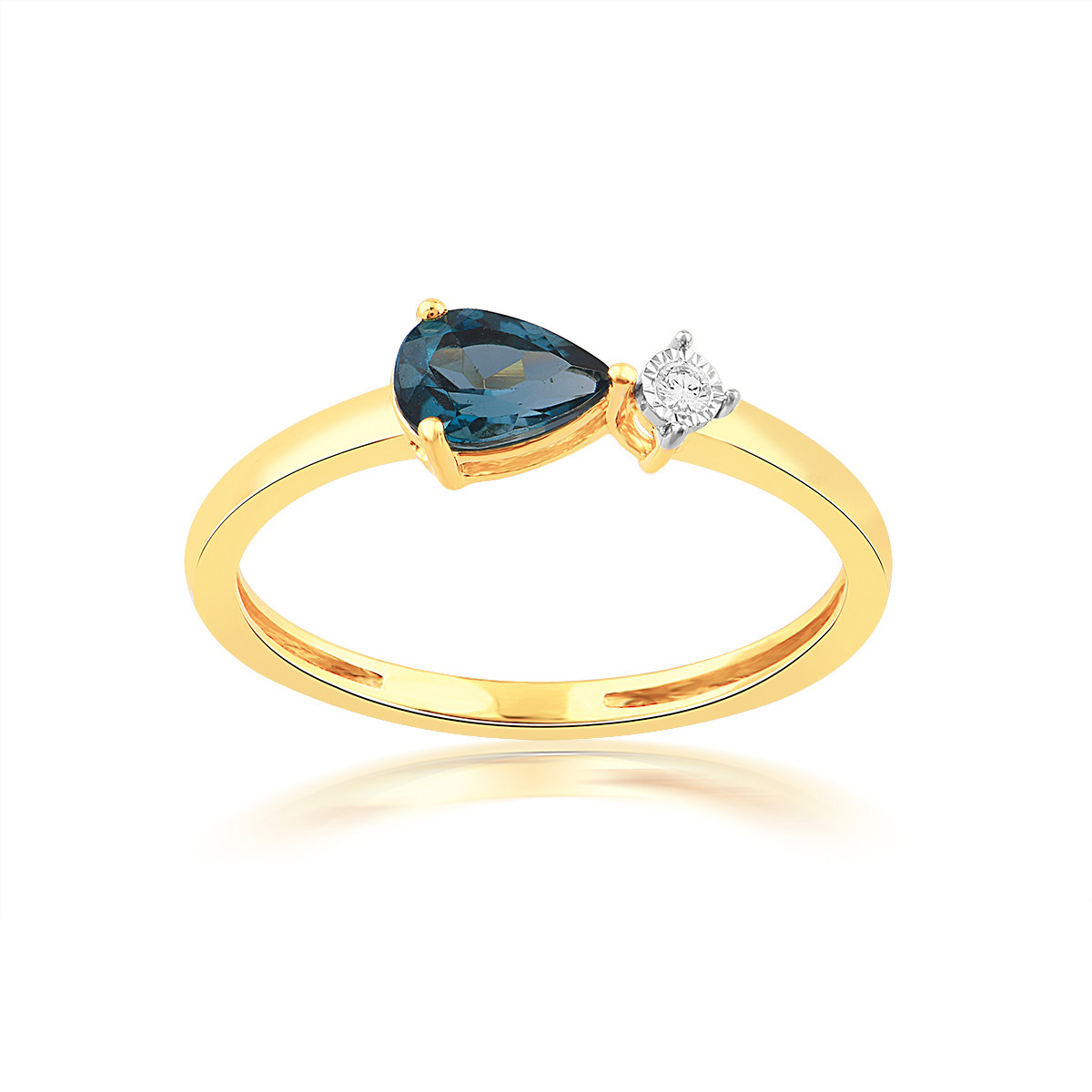 750 yellow gold ring with diamonds and treated London Blue topaz