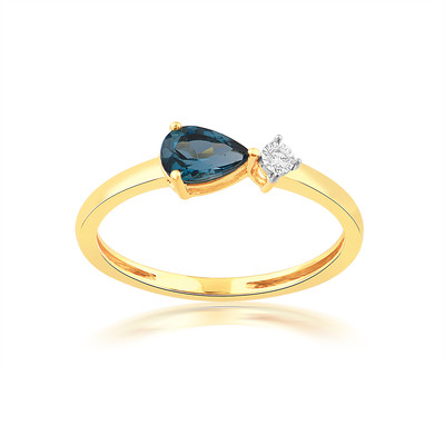 Ring van 750 geelgoud met diamanten en behandelde London Blue topaas