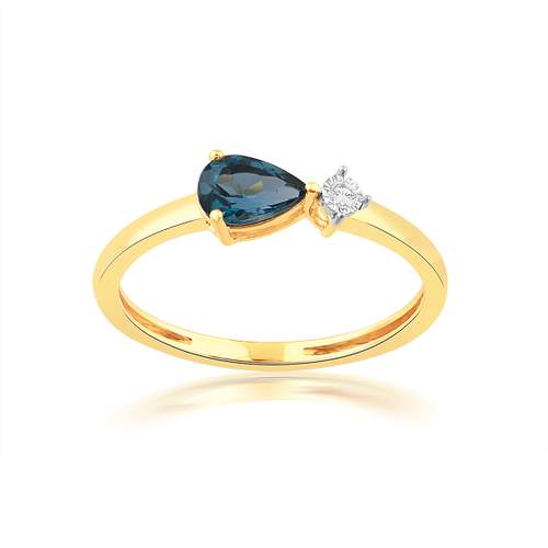Bague or 750 jaune diamants et topaze London Blue traitée