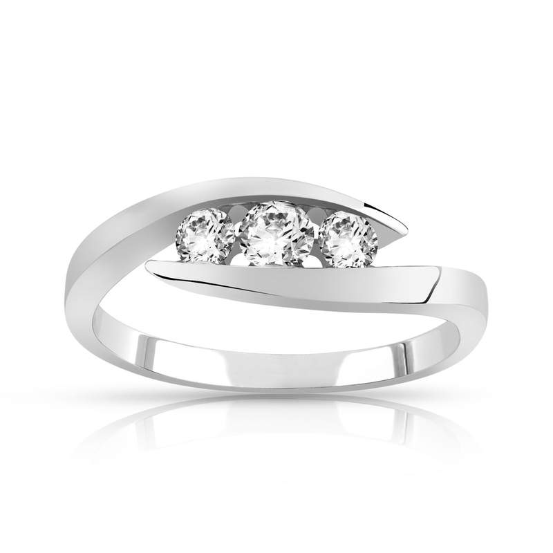Bague or 750 blanc trilogie diamants - vue 1
