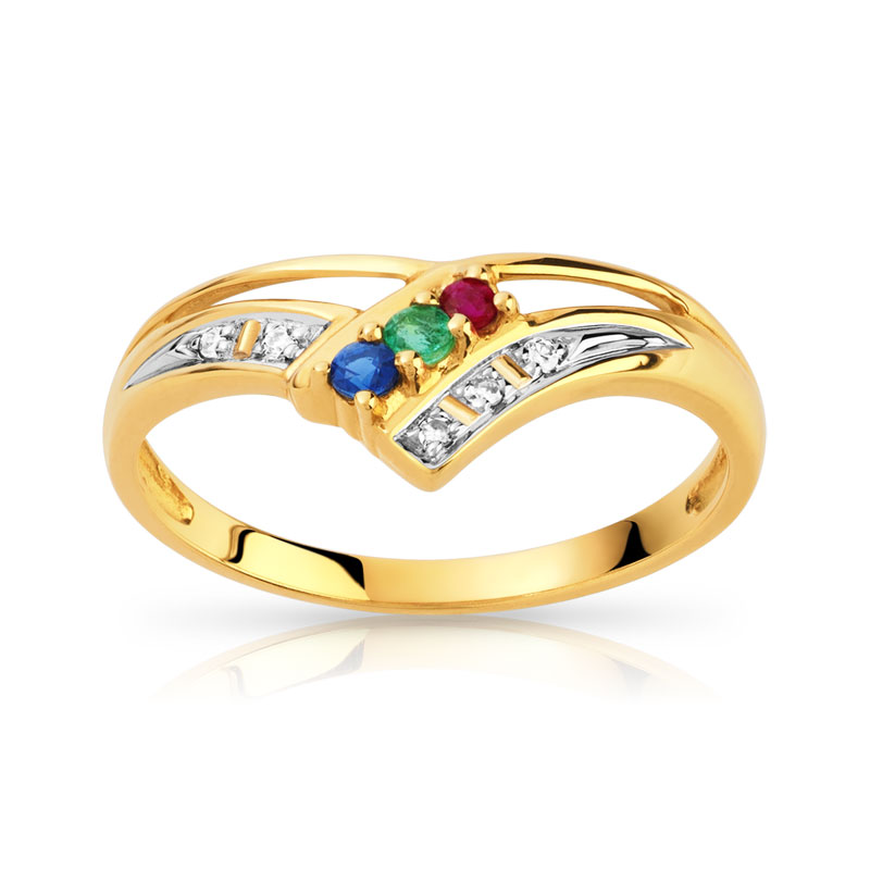 Bague or 750 2 tons saphir et rubis et émeraude et diamant Femme
