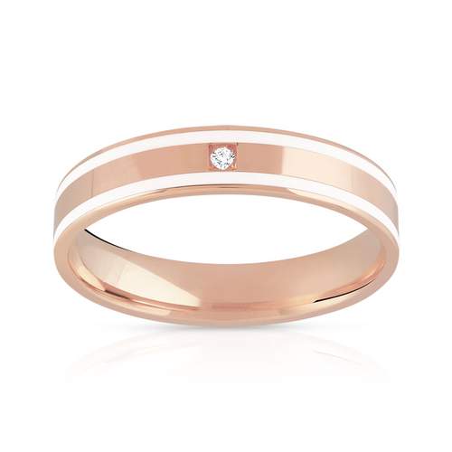 750 roségouden trouwring met witte keramische lak en diamant