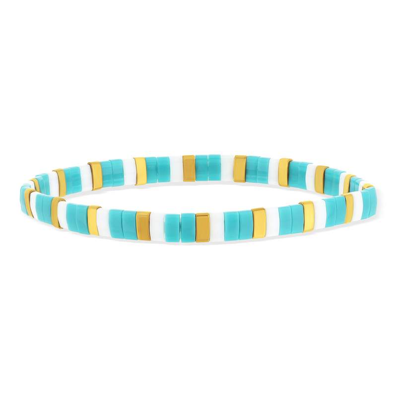 Bracelet élastiques perles japonaises MIYUKI en verre émaillé ton orange blanc et doré 17cm - vue 1