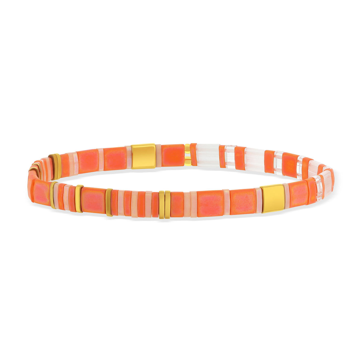 Bracelet élastiques perles japonaises MIYUKI en verre émaillé ton orange blanc et doré 17cm