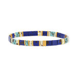 Bracelet élastiques perles japonaises MIYUKI en verre émaillé ton bleu blanc et doré 17cm - vue 1