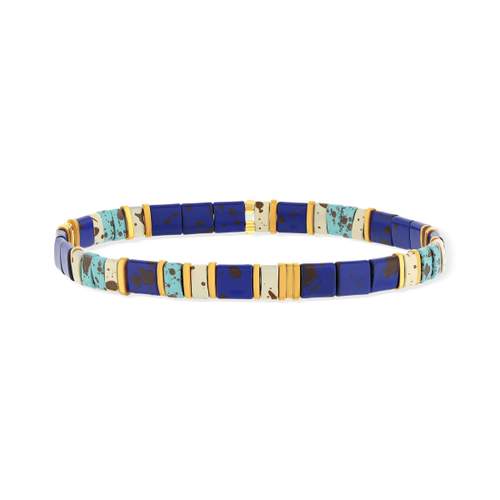 Elastic bracelet Japanese beads MIYUKI enamelled glass blue white and gold tone 17cm