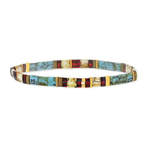 Bracelet élastiques perles japonaises MIYUKI en verre émaillé ton bleu marron blanc et doré 17cm