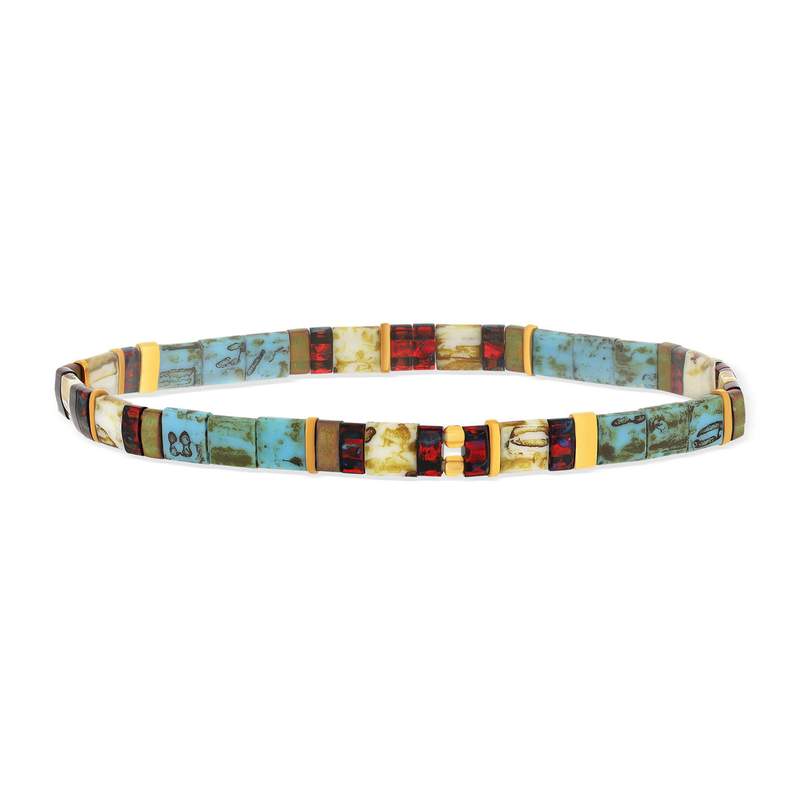 Bracelet élastiques perles japonaises MIYUKI en verre émaillé ton bleu marron blanc et doré 17cm - vue 1