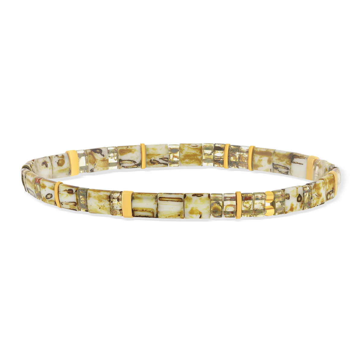 Bracelet élastiques perles japonaises MIYUKI en verre émaillé ton jaune blanc et doré 17cm