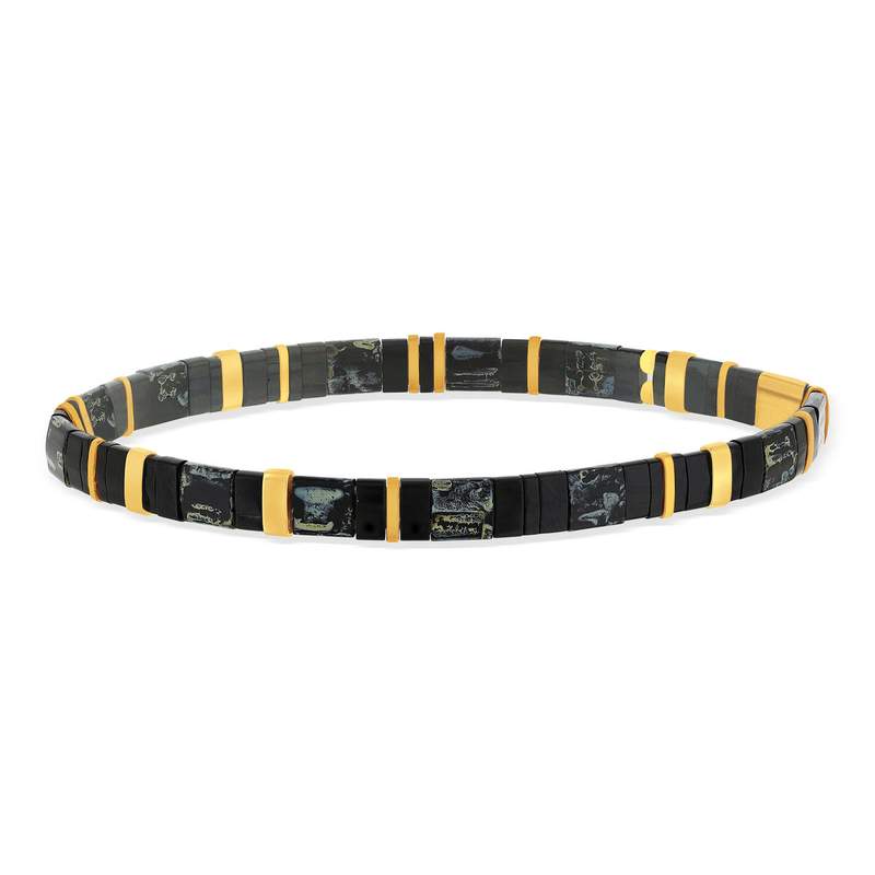 Bracelet élastiques perles japonaises MIYUKI en verre émaillé ton noir gris et doré 17cm - vue 1
