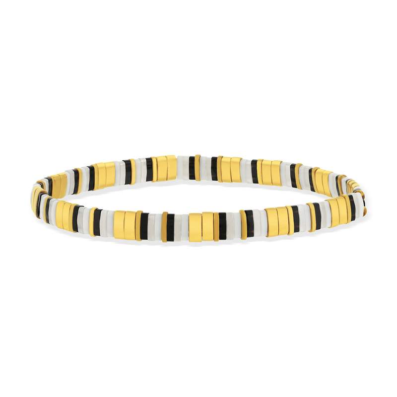 Elastische armband met Japanse MIYUKI-kralen van geëmailleerd glas in zwart, wit en goud, 17 cm - afbeelding 1
