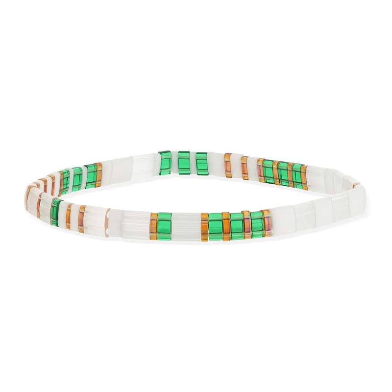 Elastische armband met Japanse MIYUKI-kralen van geëmailleerd glas in groen, wit en goud, 17 cm - afbeelding 1