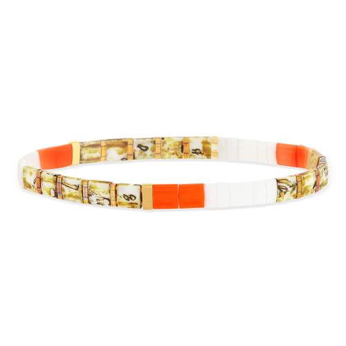 Elastische armband Japanse parels MIYUKI geëmailleerd glas oranje wit en goudkleur 17cm