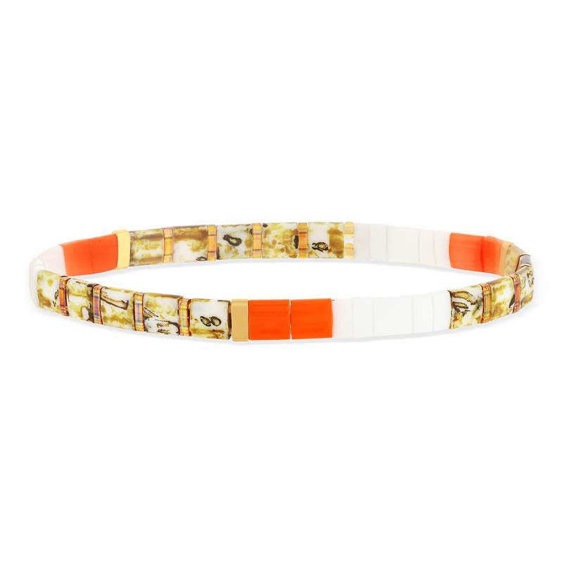Bracelet élastiques perles japonaises MIYUKI en verre émaillé ton orange blanc et doré 17cm - vue 1