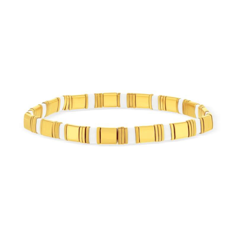 Bracelet élastiques perles japonaises MIYUKI en verre émaillé ton blanc et doré 17cm - vue 1