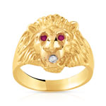 Chevalière or 750 jaune tête de lion rubis et diamant - vue 1