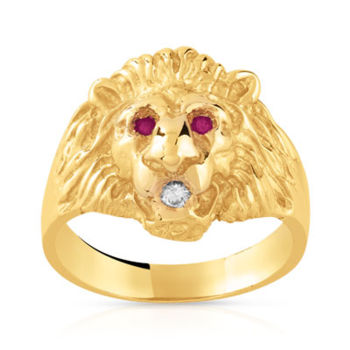 Chevalière or 750 jaune tête de lion rubis et diamant