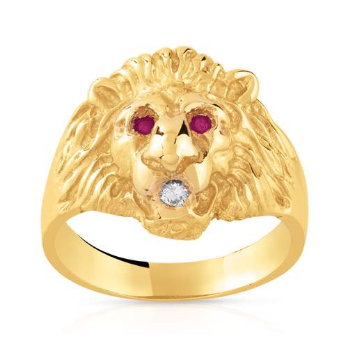 Diamond and ruby lion head Chevalière in 750 yellow gold