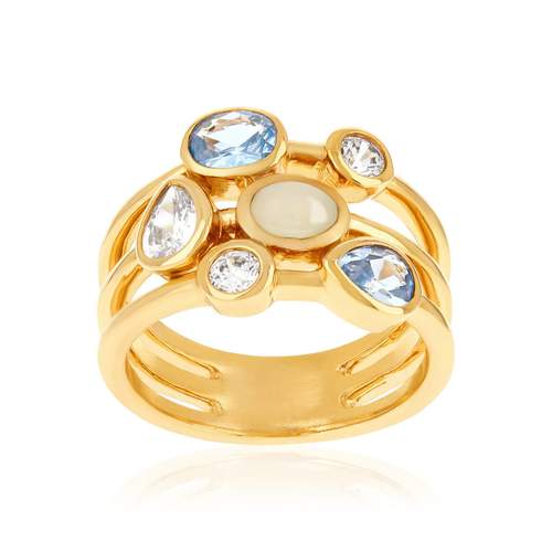Bague plaqué or pierres synthétiques bleues et blanches