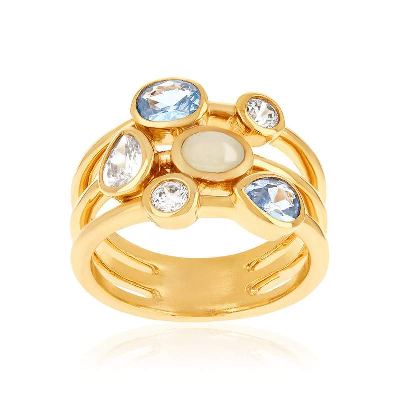 Bague plaqué or pierres synthétiques bleues et blanches - vue 1