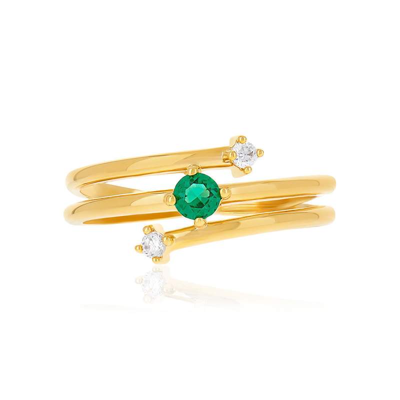 Bague plaqué or pierre synthétique verte et zirconias. - vue 3