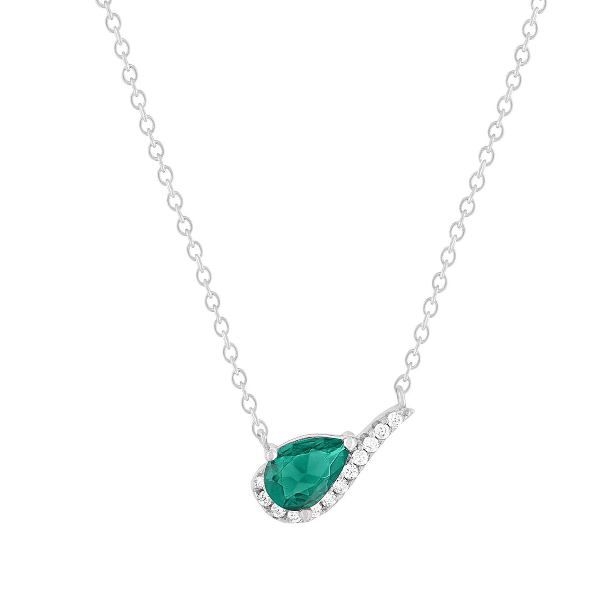 Collier argent 925 rhodié pierre synthétique verte et zirconias 45 cm