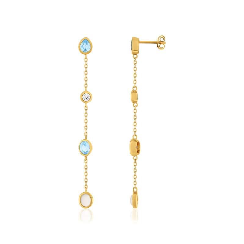 Boucles d'oreilles plaqué or pendants pierres synthétiques bleues et zirconias. - vue 1