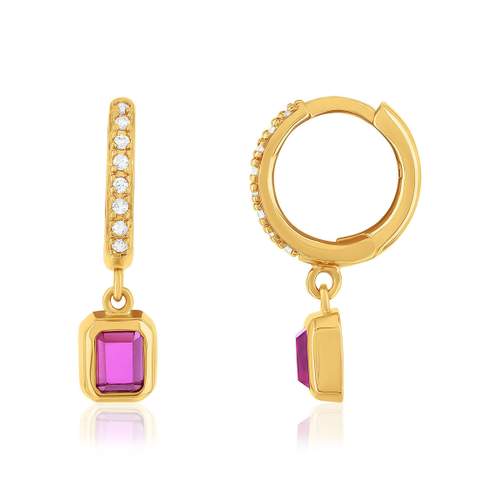 Gold-plated hoop earrings with synthetic pink stones and zirconias