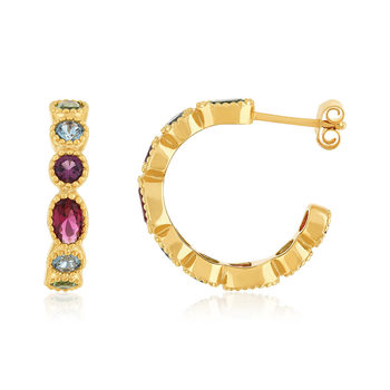 Gold-plated half hoop earrings with multicolored synthetic stones 21 mm