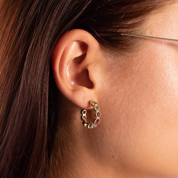 Gold-plated half hoop earrings with multicolored synthetic stones 21 mm