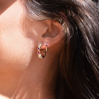 Gold-plated half hoop earrings with multicolored synthetic stones 21 mm