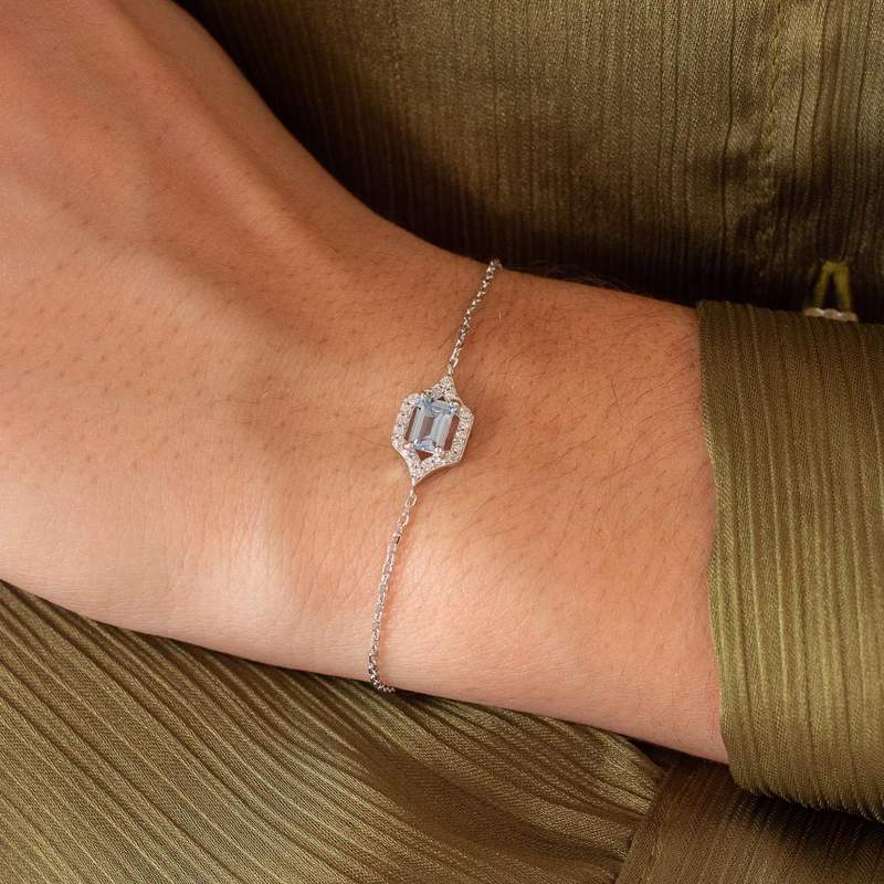Bracelet argent 925 pierre synthétique bleue et zirconias 18 cm - vue porté 1