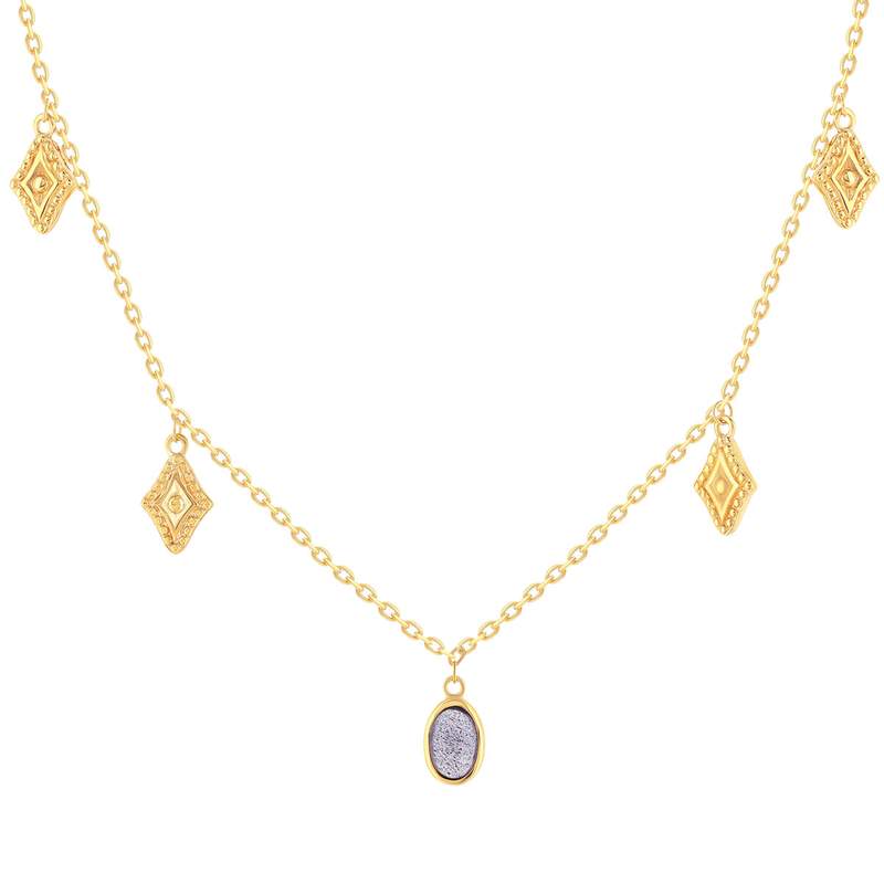 Collier plaqué or motifs pendants et pierre synthétique grise 45 cm - vue 1