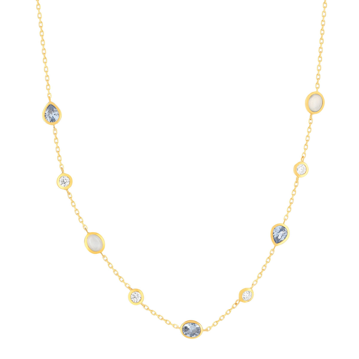 Collier plaqué or pierres synthétiques bleues et zirconias 45cm